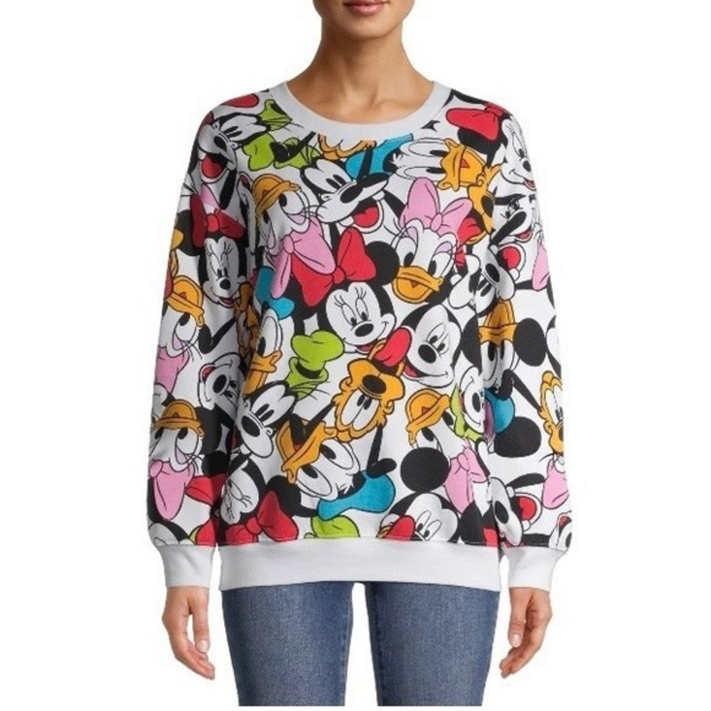 Disney Mickey & Friends Faces All Over Crewneck Juniors Sweatshirt Size S .‎